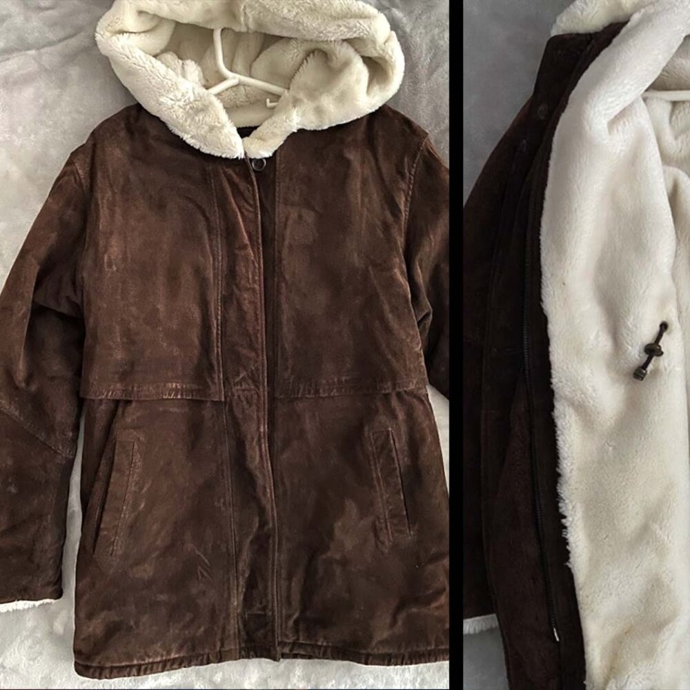 Cozy Classic County Hooded Coat in Rich REAL Suede Brown (very warm)